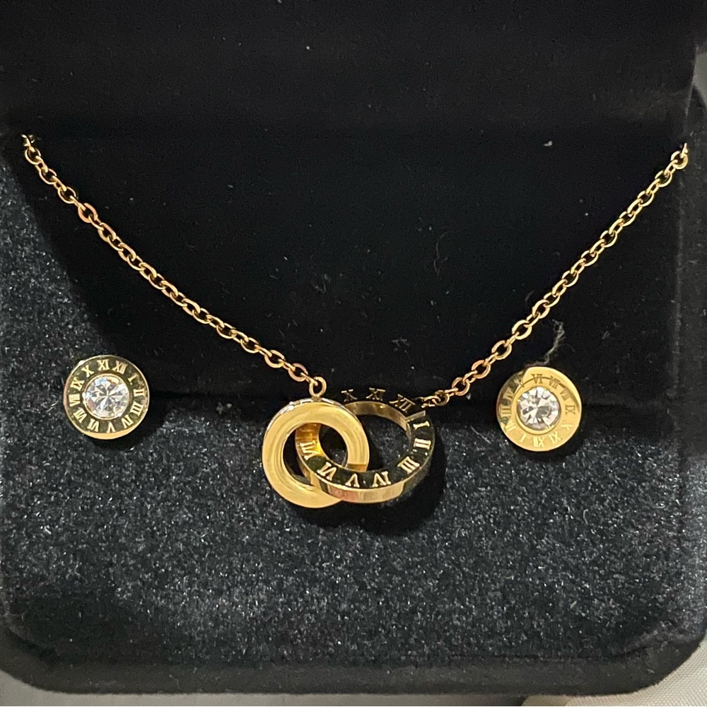 NWOT Gold Tone Roman Numeral Necklace & Earrings Set Crystal
